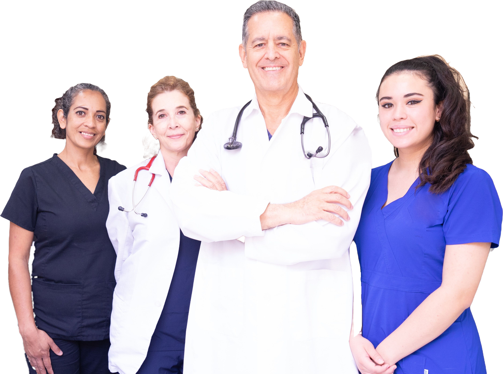 Quattro professionisti sanitari sorridenti, tre donne e un uomo a braccia conserte, in divisa e camice