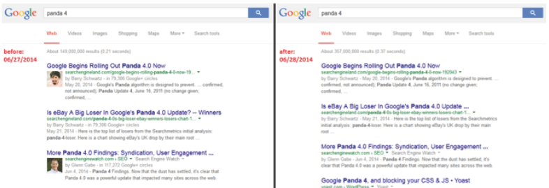 Risultato di Google prima e dopo la rimozione della foto dell'autore legata all'authorship