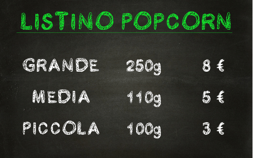 Listino dei popcorn con prezzi e grammi per spingere all'acquisto della porzione piccola