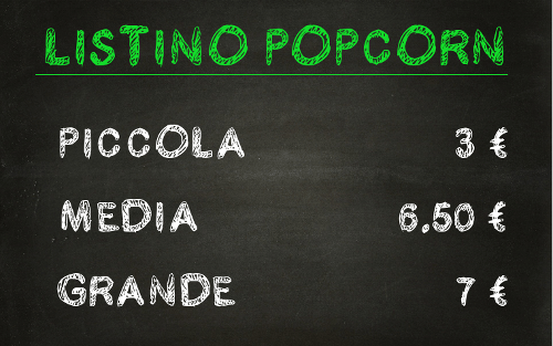 Listino dei popcorn con una porzione media esca che rende conveniente la grande