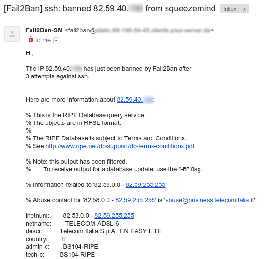 Email di notifica inviata da Fail2ban dopo il ban di un indirizzo IP