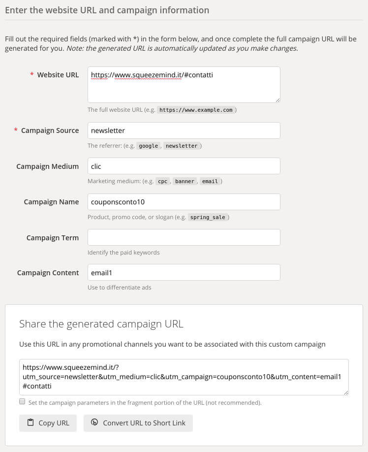 Campaign URL Builder di Google con i campi dei parametri UTM e il link di tracciamento generato