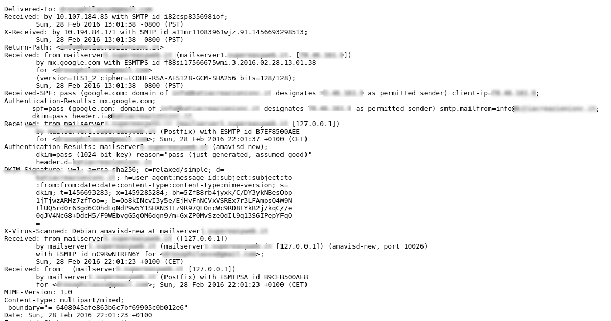 Messaggio originale in Gmail del secondo dominio con controlli SPF e DKIM superati