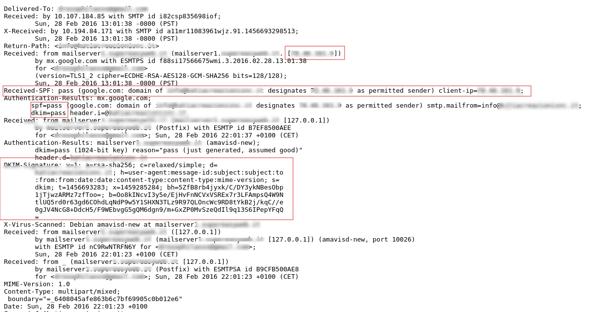 Messaggio originale in Gmail con i controlli SPF, DKIM e reverse DNS superati