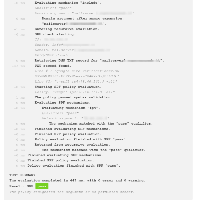 Risultato pass del test SPF sul tool di Vamsoft