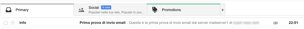 Email di prova del secondo dominio arrivata nella posta in arrivo di Gmail