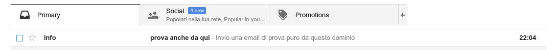 Email di prova inviata dal server iRedMail e arrivata nella posta in arrivo di Gmail