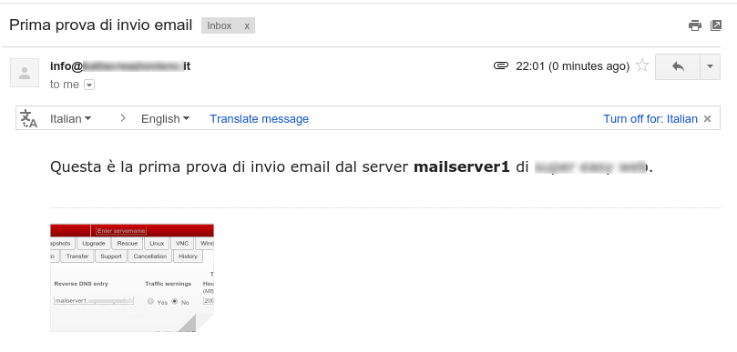 Email di prova del secondo dominio aperta in Gmail