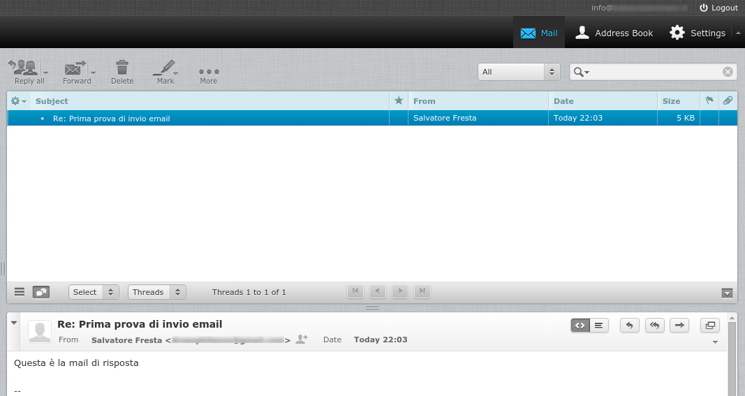 Email ricevuta sulla casella del secondo dominio configurato su iRedMail
