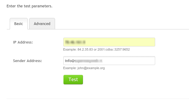 Tester SPF di Vamsoft con indirizzo IP del server mail e indirizzo email da verificare