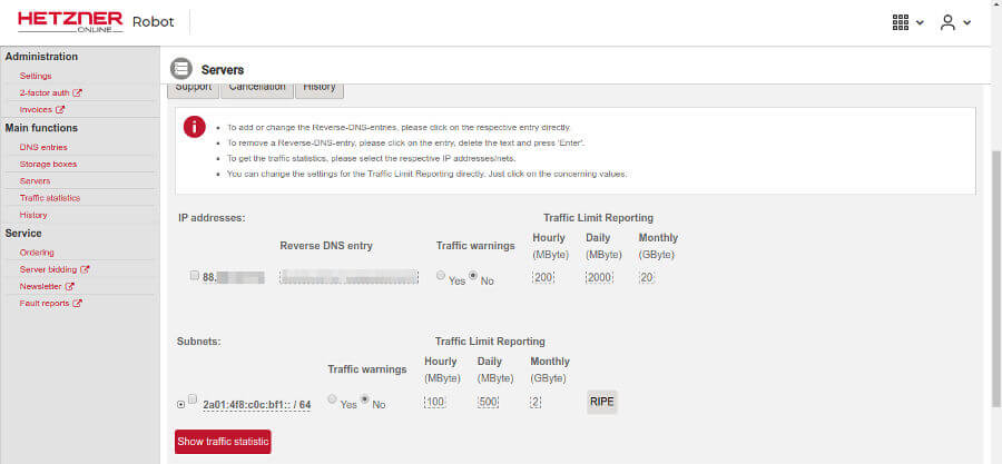 Pannello Hetzner per impostare il reverse DNS dell'indirizzo IP del server mail