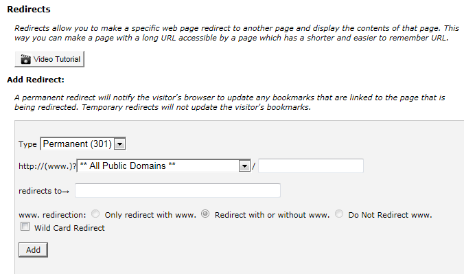Sezione Redirects di cPanel per impostare un redirect 301 permanente del dominio