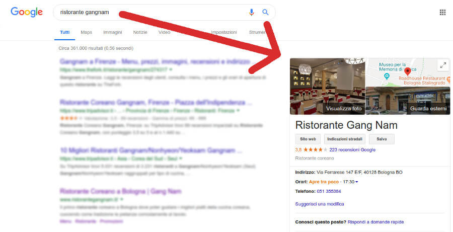 Scheda di un'attività locale nei risultati di Google, gestita con Google Business Profile