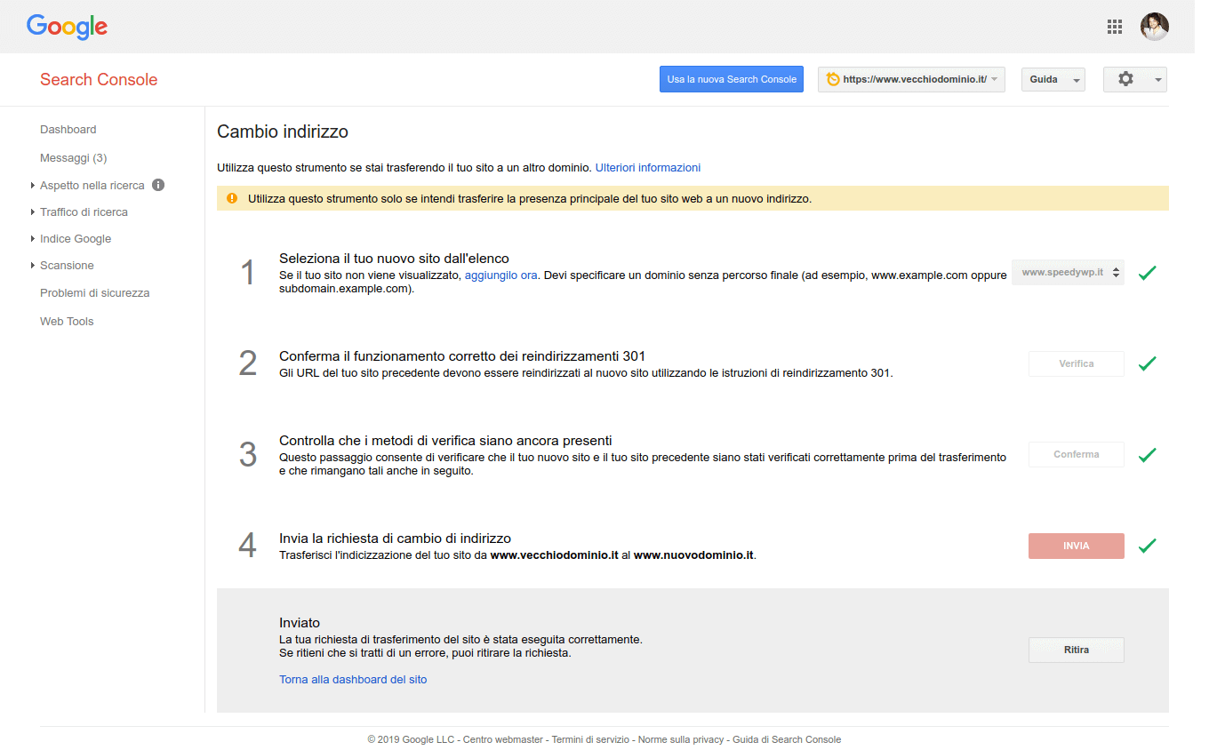 Strumento Cambio di indirizzo della Search Console per segnalare il nuovo dominio
