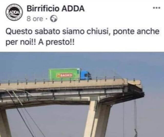 Post Facebook del Birrificio Adda con la foto del ponte Morandi crollato e la frase sul ponte di Pasqua