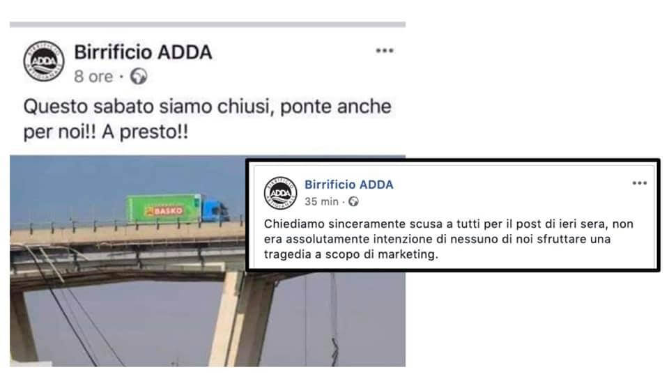 Post di scuse pubblicato dal Birrificio Adda su Facebook dopo le critiche