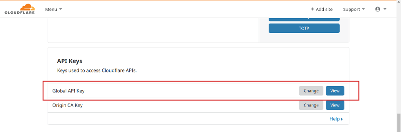 Sezione API Keys del profilo Cloudflare con la Global API Key