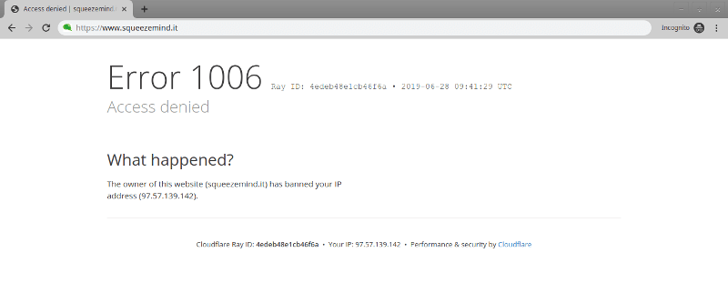 Pagina di errore 1006 Access denied mostrata da Cloudflare all'IP bannato