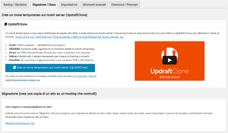 migrazione e clonazione siti con updraftplus per WordPress