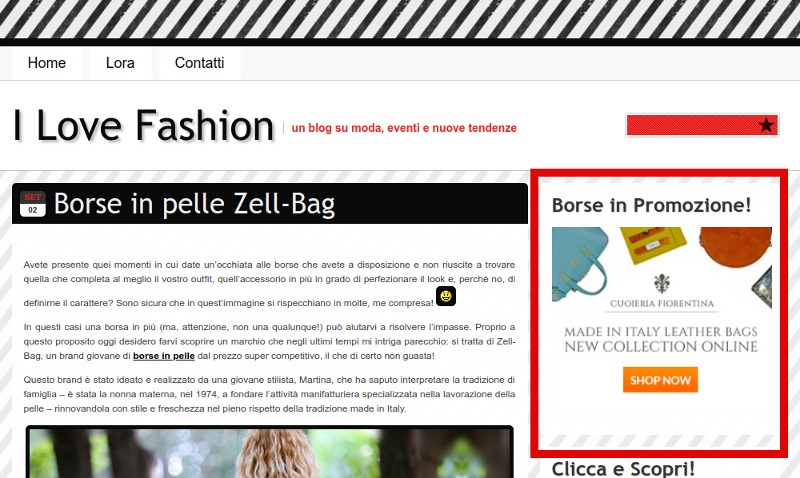 Banner sitewide nella sidebar di un sito di moda che linka l'e-commerce analizzato