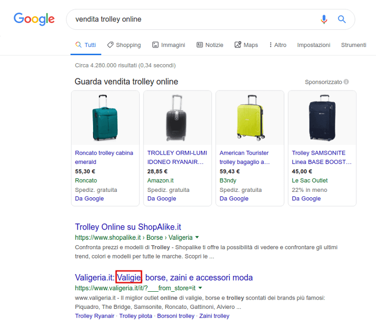 SERP di Google per vendita di trolley online con risultati che usano il sinonimo valigie