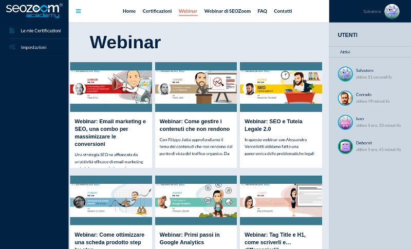 Pagina dei webinar gratuiti della SEOZoom Academy