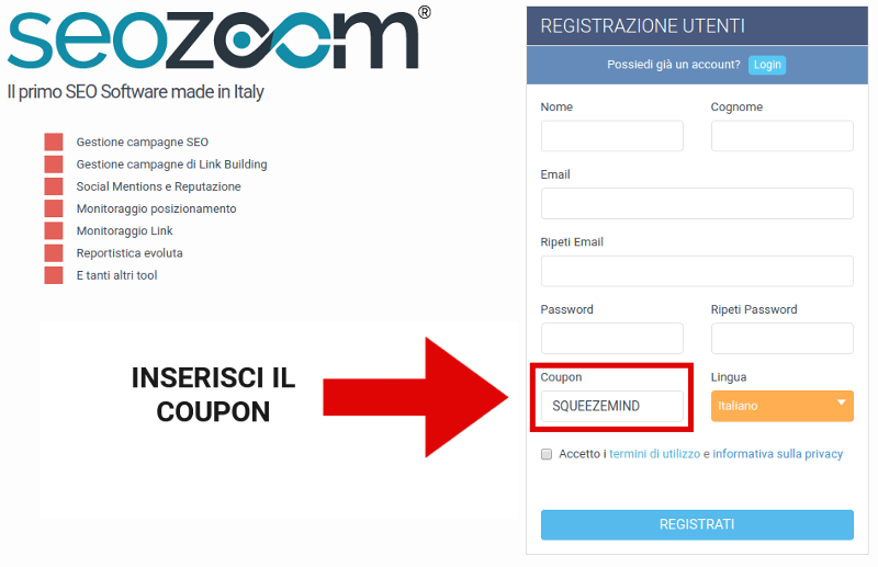 Pagina di registrazione a SEOZoom per la prova gratuita con coupon