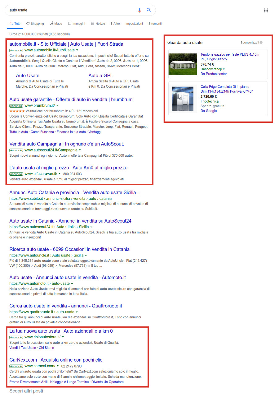 Pagina dei risultati di Google con le posizioni degli annunci della rete di ricerca