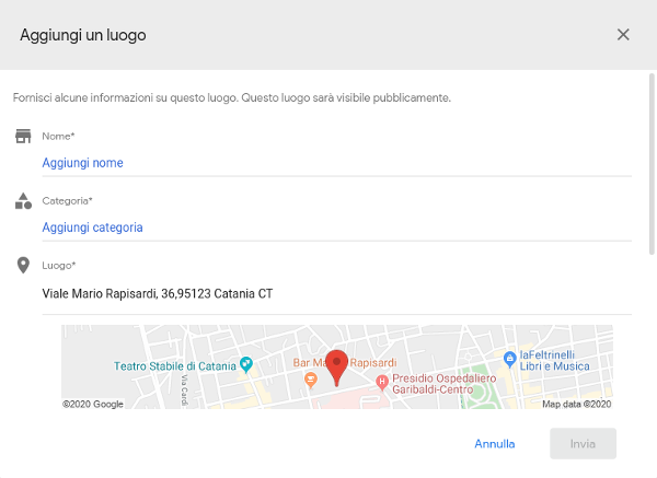 Modulo di Google Maps per inserire nome, categoria e dettagli di un luogo mancante