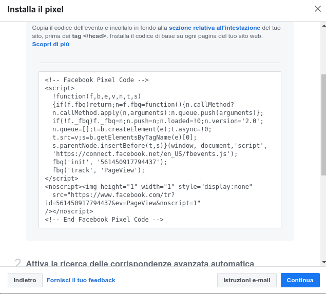 Codice base del pixel di Meta da copiare nella sezione head di tutte le pagine del sito