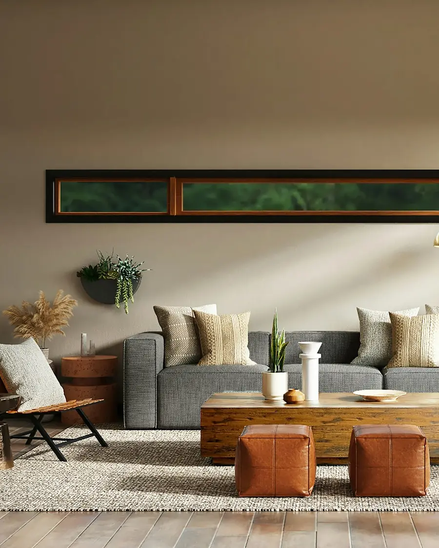 Soggiorno con parquet, divano chiaro e grandi finestre