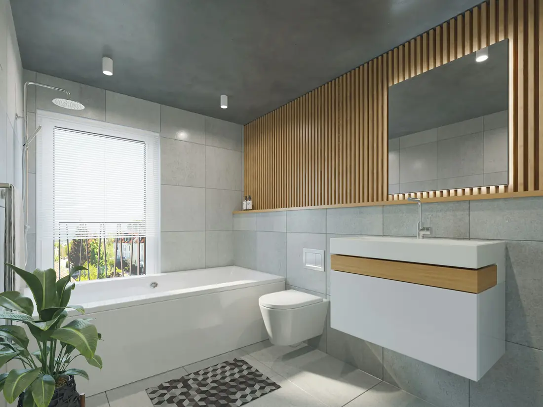 Bagno nuovo con vasca, sanitari sospesi e parete in listelli di legno