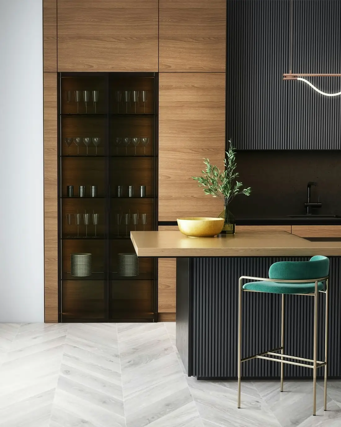 Cucina su misura con colonne in legno scuro e isola