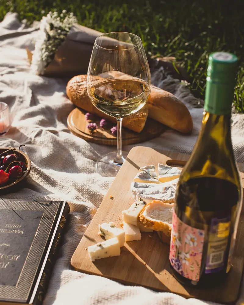 Vino bianco, pane e formaggi su una tovaglia da picnic