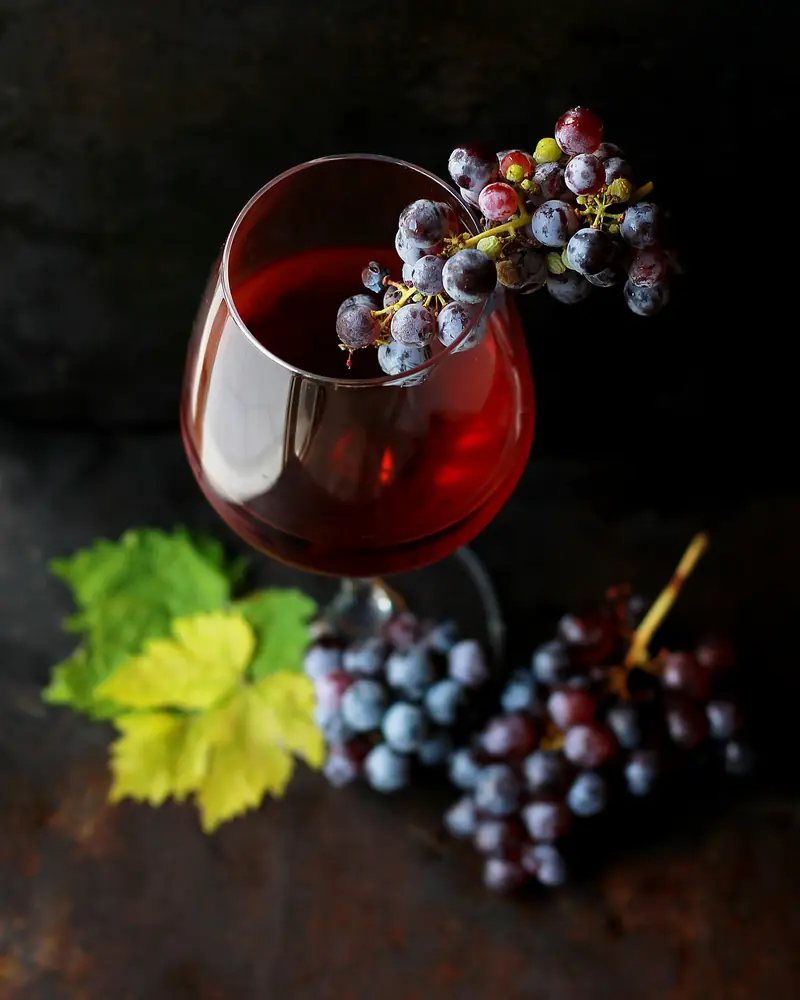 Calice di vino rosso con grappoli d'uva nera