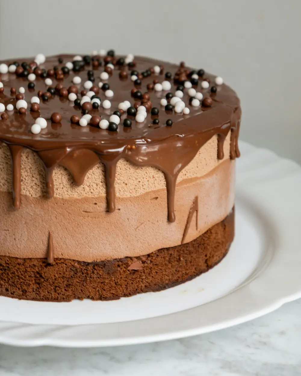 Torta gelato al cioccolato con glassa e perline