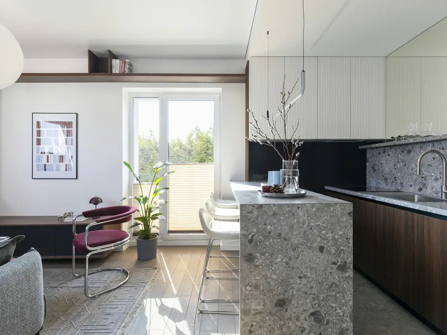 Cucina moderna con isola e soggiorno