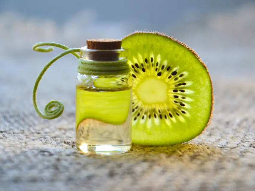 Olio in una boccetta con una fetta di kiwi
