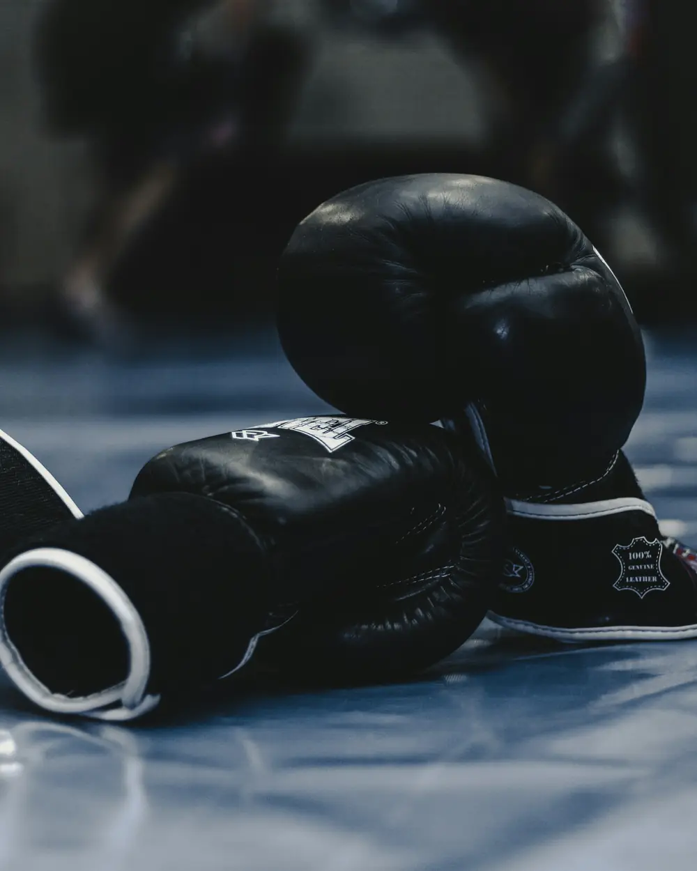 Guantoni da boxe appoggiati sul tappeto del ring